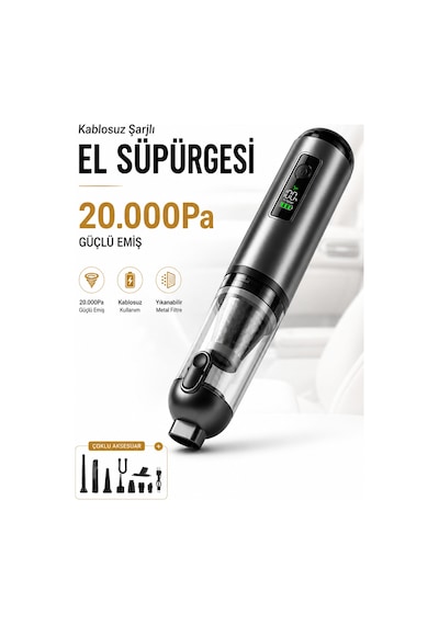 Şarjlı El Süpürgesi Kablosuz 20000pa Güçlü Emiş, Dijital Ekran, Type C 120w