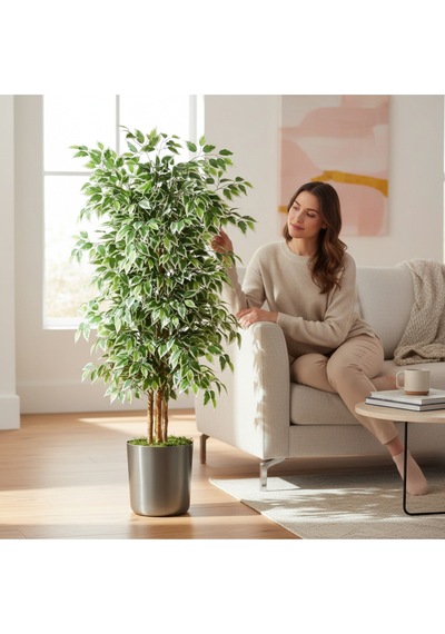 150 Cm Yapay Ficus Metal Saksı 30x30 Dekoratif Ağaç Çok Renkli