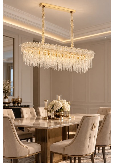 Modern Premıum Sarkıt Avize 24xe14 Gold Dikdörtgen Lüks Salon Yemek Odası Avizesi