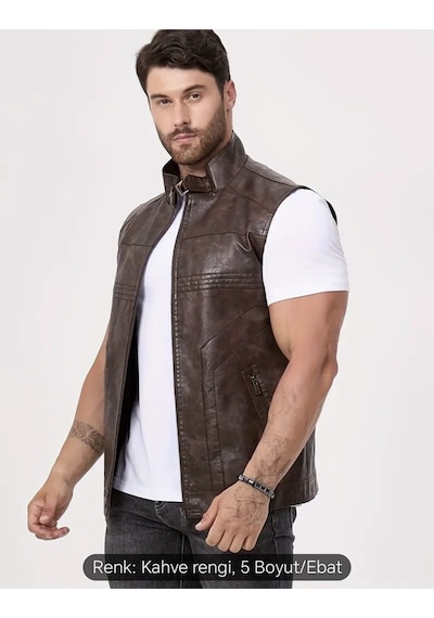 Nyc Giyim Tekstil & Deri Uzun Hakim Yaka Regular Fit Hakiki Deri Yelek Kahverengi