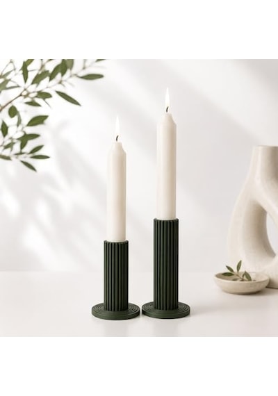 Modern Sütun Tasarımlı Şamdan Seti, Koyu Yeşil, 2&apos Li, Minimalist Dekoratif Mumluk, 8 Cm Ve 10 Cm Pla 3d Baskı A.Ağaç
