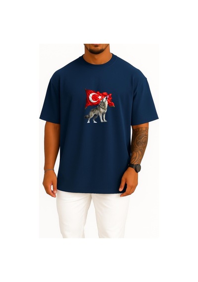 Bahriyeli Collection Oversize Türkün Nefesi Göğüs Ve Sırt Baskılı Unisex T-shirt Lacivert