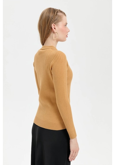 Desen Triko Kadın Polo Yaka Dikişsiz Kazak 24182 Camel Camel