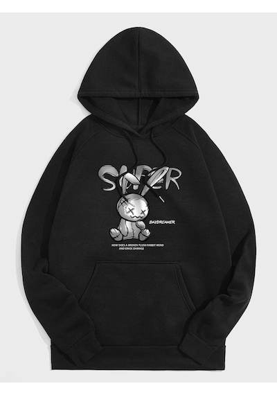 Unisex Super Baskılı Kapüşonlu Sweatshirt Beyaz Siyah