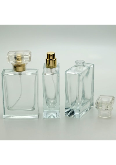 20 Adet Boş Cam Parfüm Şişe, 50 Ml, Dolgulu Kare Model, Şeffaf