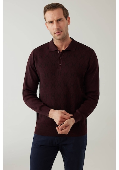 Erkek Koyu Bordo Regular Fit Desenli Yünlü Polo Yaka Triko