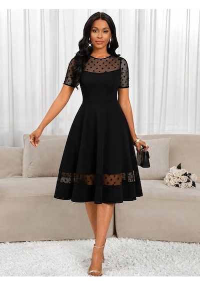 Buğrahayalin Kadın Kısa Kollu Bisiklet Yakalı Puantiye Tül Detaylı Midi Janjan Krep Elbise Siyah