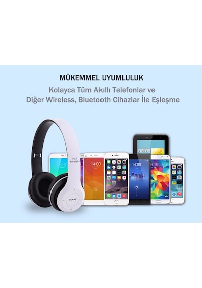 P47 Wireless Kablosuz Bluetooth Kulaklık Mp3 Güçlü Bass Mavi