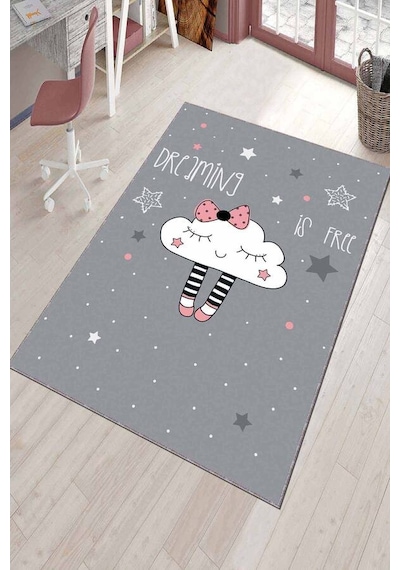 Gri Yıkanabilir Kaymaz Tabanlı Bulutlu Bebek Halısı Ar765n11