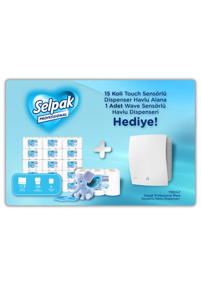 Selpak Professional Touch Sensörlü Havlu 135 M 6'lı X 15 Koli + Wave Sensörlü Havlu Dispenseri Hediyeli
