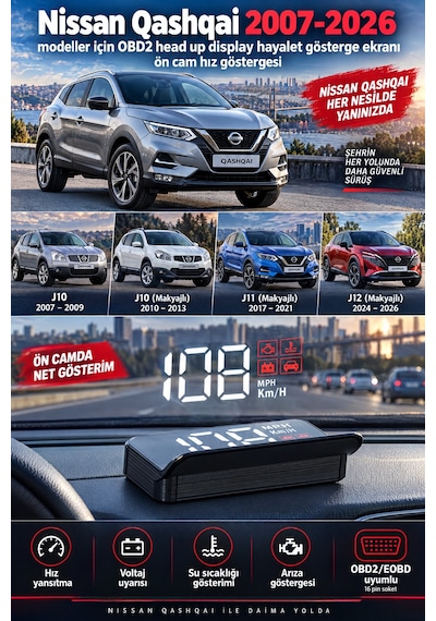 Nissan Qashqai 2007-2026 Modeller İçin Obd2 Head Up Display Hayalet Gösterge Ekranı Ön Cam Hız Göstergesi