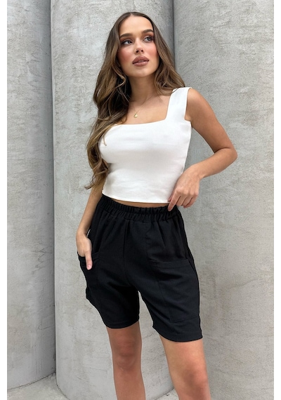 Lesa Wear Yüksel Bel Bol Kesim Keten Görünümlü Çift Cepli Şort Siyah