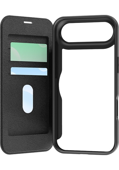 Apple Uyumlu iPhone 17 Air Kılıf M-safe Şarjlı Raptic Air Folio Şeffaf Kartlıklı Kapaklı Kılıf Siyah