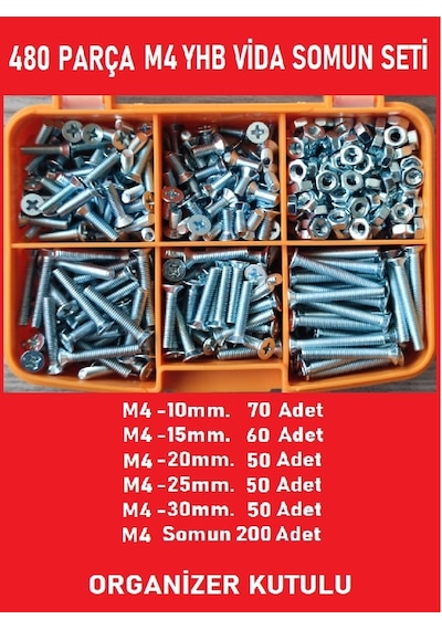 M4 Yhb Vida Somun Seti-480 Adet-metrik 4mm-boy 10-15-20-25-30 Mm