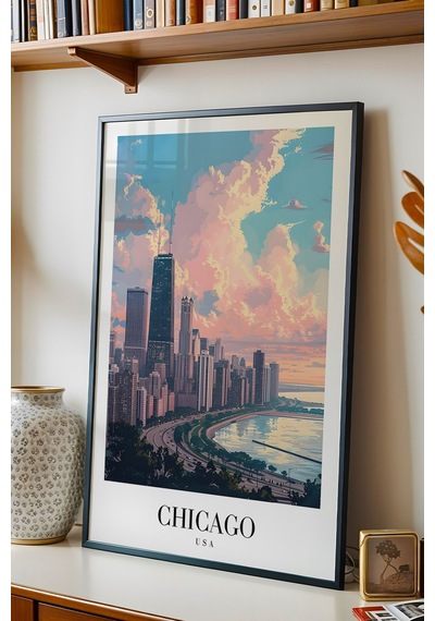 Chicago Usa Vintage Seyahat Posteri Çerçeveli Tablo - Premium City Skyline Elit Duvar Dekoru Siyah