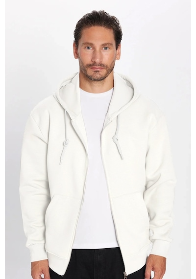 Tudors Unisex Relax Fit Rahat Kesim Pamuklu İçi Polarlı Çift Cepli Fermuarlı Beyaz Kapüşonlu Sweatshirt-32826 Beyaz