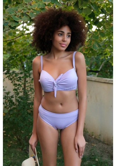 Kadın İçi Boş Fiyonklu Kaplı Lila Alt Üst Bikini Takım