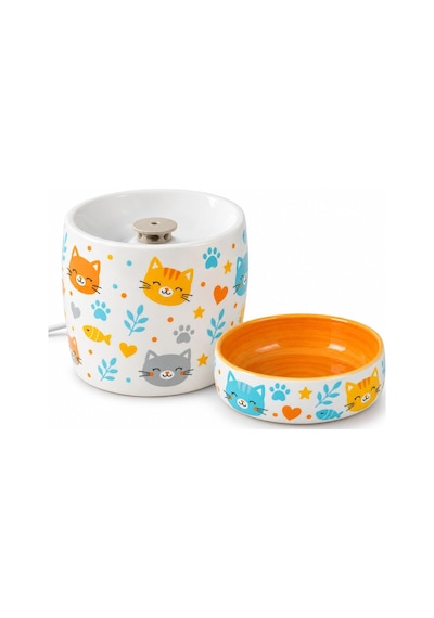 Kedi Porselen Su Pınarı Ve Mama Kabı 2'li Set Otomatik Filtreli Pompalı Seramik Su Sebili, 1.3 L, 600 Ml Kase, Led Işıklı, Sari-kedi
