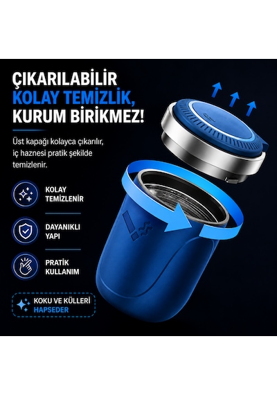 Araç İçi Dumansız Küllük Duman Emici Led Işıklı Kapaklı Koku Önleyici Oto Araba Küllüğü