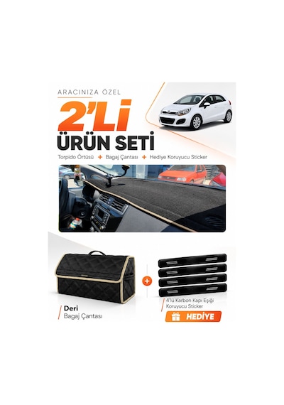 Kia Rio 2012-2018 Uyumlu Torpido Örtüsü + Deri Bagaj Çantası + Sticker Seti - Siyah Bej