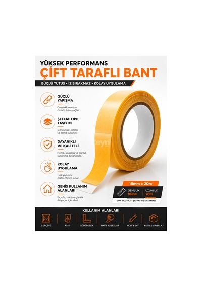 By Hanex Opp Çift Taraflı Bant 18 Mm X 20 M Şeffaf Güçlü Yapışkanlı Montaj Bandı