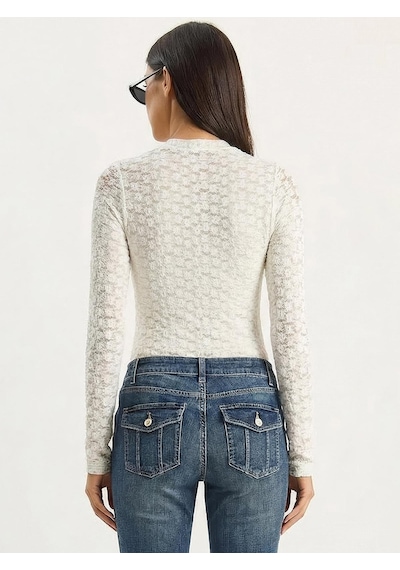 Shade Kadın Uzun Kollu Yarım Balıkçı Yaka Transparan Tül Dantel Bodysuit 1034 60283930 - Beyaz