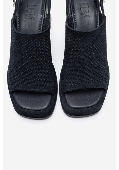 Luvi Shoes Penvıa Lacivert Süet Hakiki Deri Kadın Kalın Topuklu Sandalet