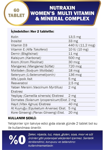 Nutraxin Multivitamin Kadın Multivitamin & Mineral Complex 60 Tablet