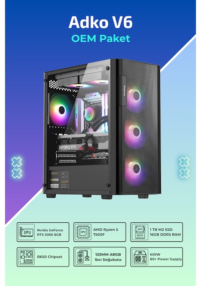 IH ADKO V6 R5-7500F 16 GB 1 TB SSD 8 GB RTX 5060 Free Dos Oem Paket Masaüstü Oyuncu Bilgisayarı