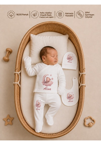 Pia Baby Kız Bebek Hastane Çıkışı 12 Parça %100 Pamuk İsme Özel Organik Baskılı Kese Hediyeli 100811k3x Ekru
