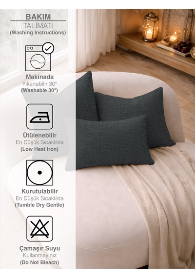Br Perle Koyu Gri Keten Dokulu Dekoratif Kırlent Kılıfı Modern Salon Koltuk Yastığı