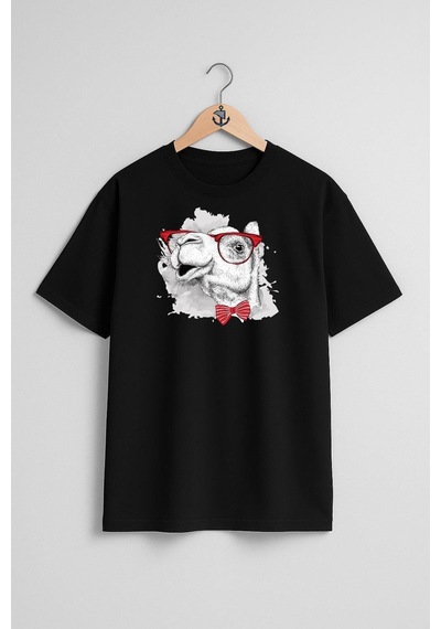 Oversize Komik Deve Ve Gözlük Ve Papyon Göğüs Tasarımlı Unisex T-shirt Siyah