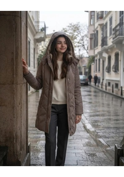 Kahverengi Kapüşonlu Fermuarlı Kız Mont Modeli