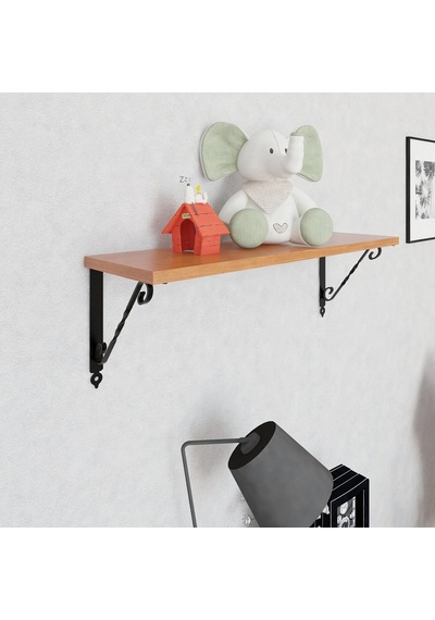 20x60 Cm Duvar Rafı - Ferforje Duvar Rafı, Duvara Monte Raf Meşe Meşe
