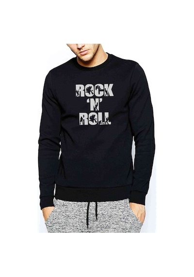 Rock'N Roll Baskılı Siyah Erkek Örme Sweatshirt (528515817)