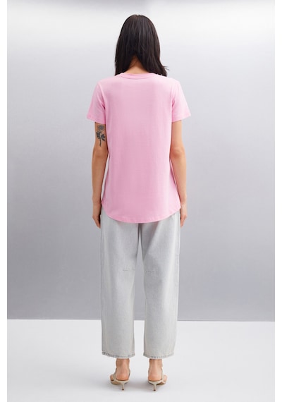Grimelange Samantha Kadın %100 Organik Pamuklu Comfort Fit Arkası Uzun Basic Örme Pembe T-shirt