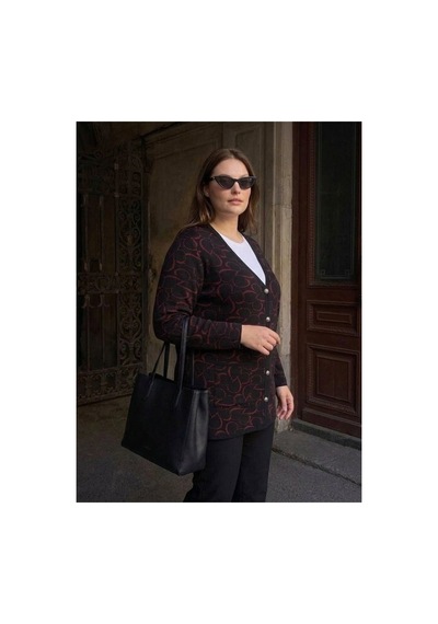 Onno Style Women Kalp Desenli Klasik Triko Düğmeli Ceket Siyah - Bordo