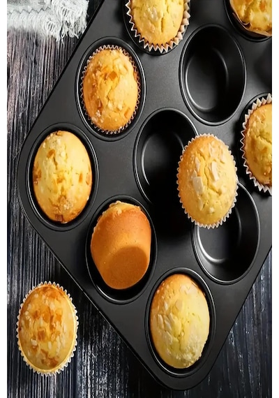 Paslanmaz Yapışmaz Çelik 12'li Muffin Kek Kalıbı 26x 38 Cm Cupcake Kalıbı 1. Sınıf Malzeme Kek Kalıp Siyah