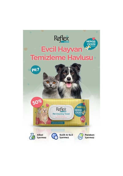 Reflex Care Evcil Hayvanlar İçin Çok Amaçlı Hijyenik Temizleme Havlusu 50'li - Nergis Çiçeği Kokulu