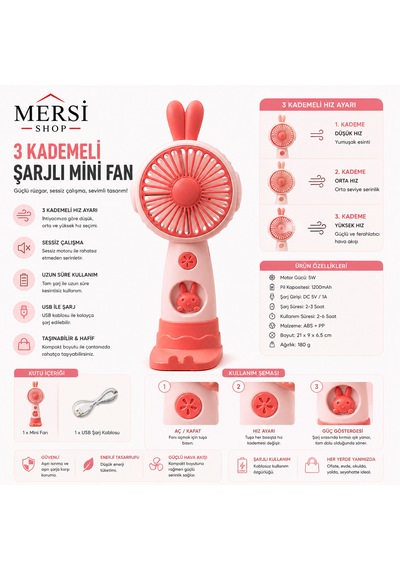 Mini Şarjlı El Fanı 3 Kademeli Usb Taşınabilir Sessiz Masaüstü Fan 19 Cm