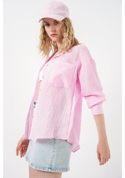 Bigdart Kadın Tek Cepli Çizgili Oversize Gömlek 20375 - Pembe