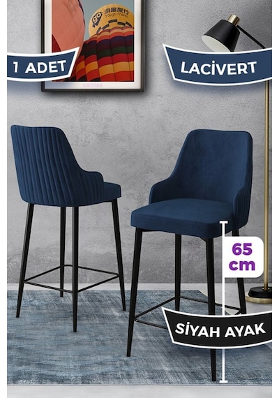 Canisa Tera Serisi 1 Adet 65 Cm Lacivert Ada Mutfak Bar Sandalyesi Babyface Kumaş Siyah Metal Ayaklı Sandalyeler Lacivert Ayaklar Siyah