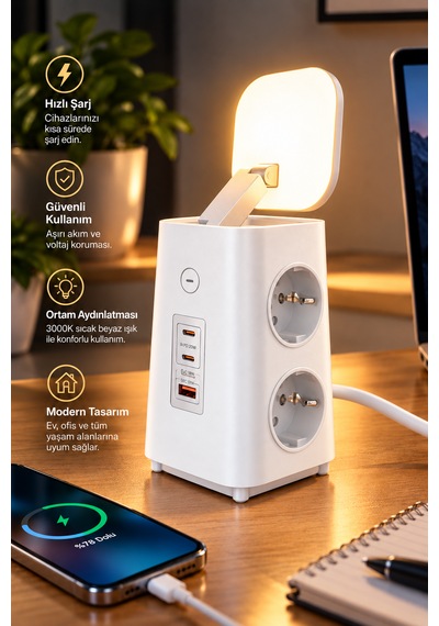 Akım Korumalı Masaüstü Priz 4 Priz, 2 Usb-c + Usb-a, Pd 20w & Qc 18w Hızlı Şarj, 3680w, Led Aydınlatmalı 1.9 M