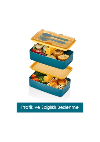 Meleni Home Dikdörtgen 2 Katlı Beslenme Kabı - Çatal Kaşık Servisli Yemek Saklama Kutusu Sarı - Yeşil