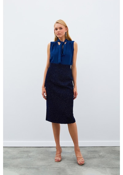 Sateen Midi Boy Tüvit Etek - Lacivert-135027 Lacivert