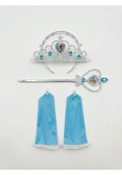 Butikhappykids Frozen Elsa Temalı Kız Çocuk Prenses Elbise Askılı Tüllü Kabarık Taç Asa Eldiven + Doğum Günü Parti Seti Hediyeli Mavi