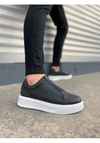 Mevese Torino Erkek Bağcıksız Cilt Günlük Sneaker Ayakkabı Ortopedik Kalın Taban Siyah