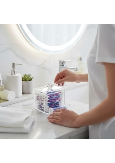 Şeffaf Akrilik Kulak Çubuğu Ve Makyaj Organizeri, Kapaklı, Çekmeceli, 9x9 Cm, Banyo Düzenleyici Kutusu 000 Açık Krem