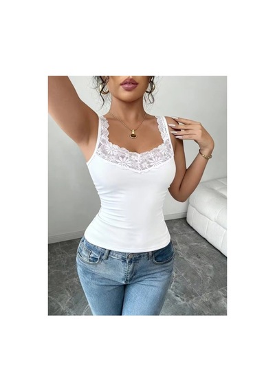 Butik İstanbul Kadın Askılı V Dantel Yakalı Viskon Bluz Beyaz