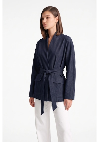 CEMO Denim Görünümlü Kuşaklı Ve Cepli Kimono Ceket Lacivert